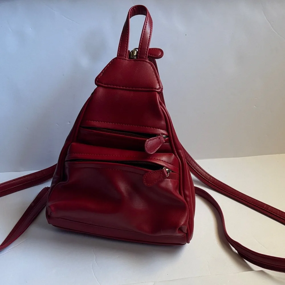 Villager | Red Leather Multi Compartment Mini Backpack Zipper Straps Holiday Bag